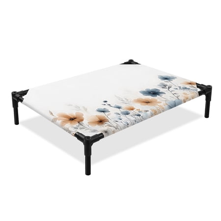 Poppy Floral Elevated Dog Bed Spring Blue Yellow Botanical Flowers Watercolor Cooling Breathable Outdoor Raised Dog Cot Bed with Metal Frame Non-Slip Feet for Medium Dog 24x20in