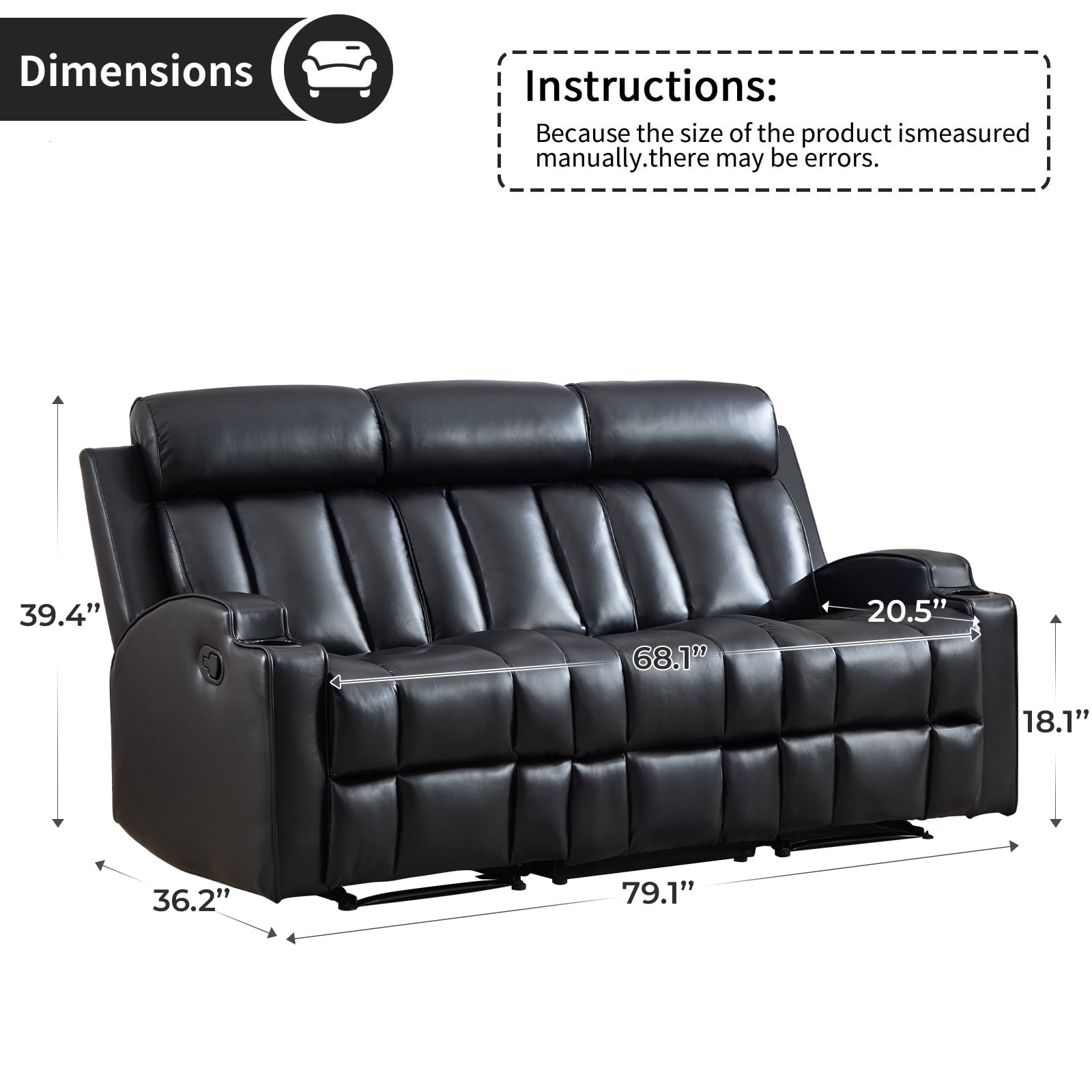 Ebello Manual Recliner Sofa, PU Leather Overstuffed 3-Seat Reclining Couch with Cup Holders for Living Room & Home Theater, Black