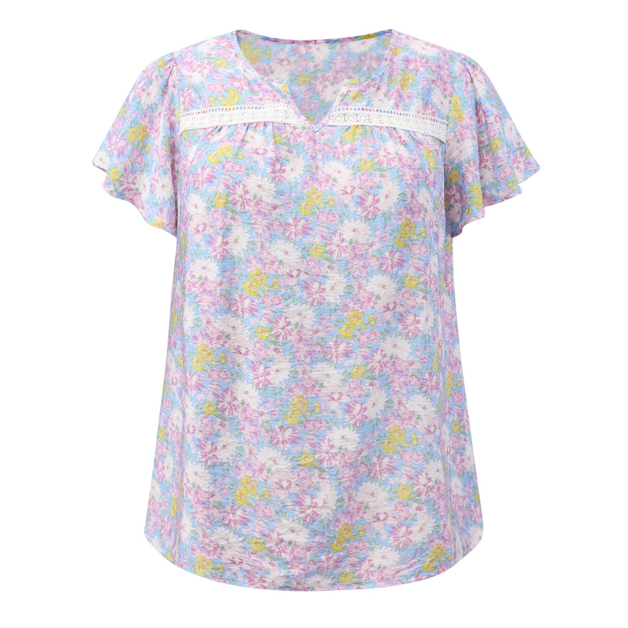 DARING DIVA Women's Plus Notch V Neck Ruffle Sleeve Floral Top 1X Light Purple