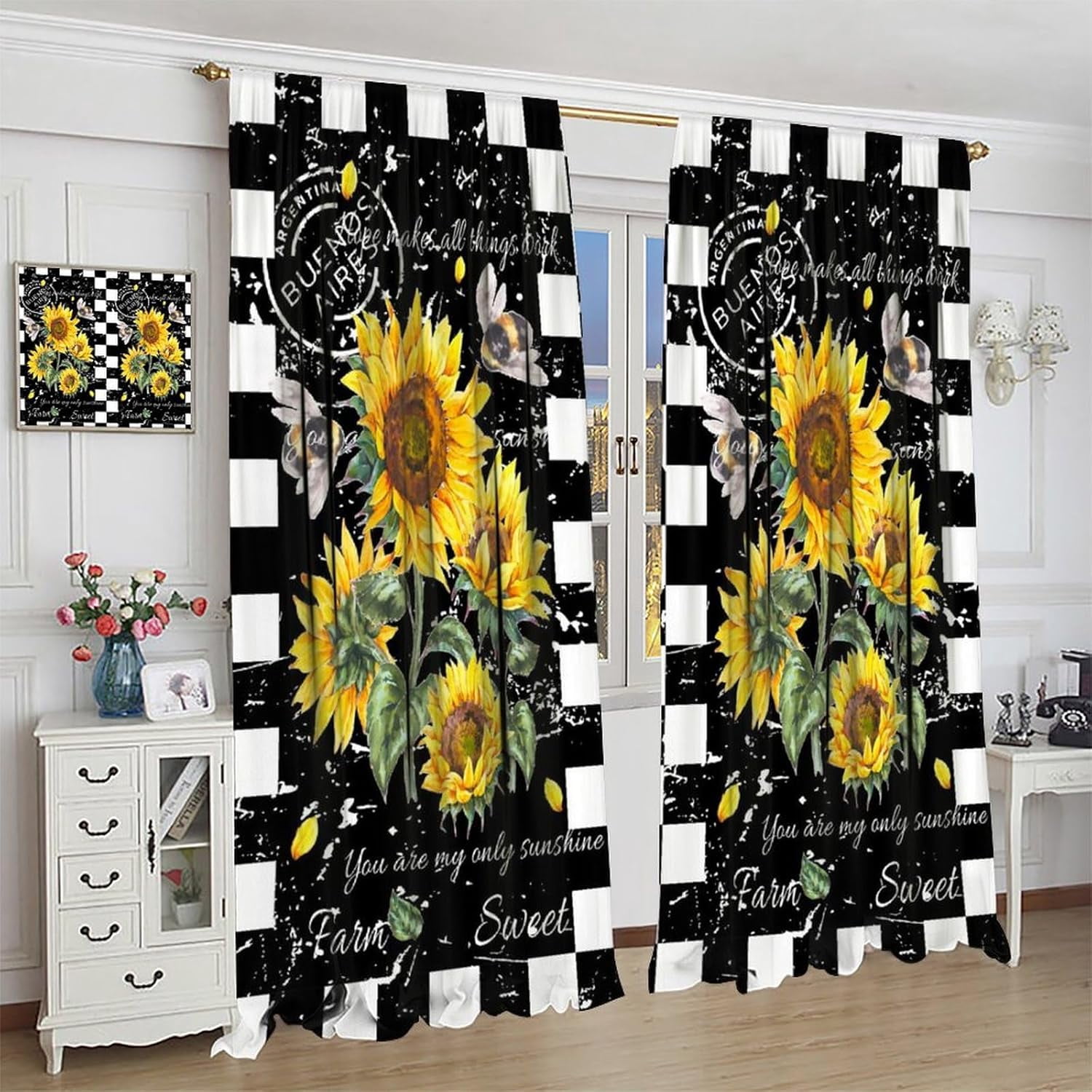Sunflower Blackout Curtains for Kitchen, Rustic Farmhouse Vintage Watercolor Black Yellow Floral Flower Bee Retro Farm Country Living Room Bedroom Window Drapes Treatments 2 Panel 42x63in