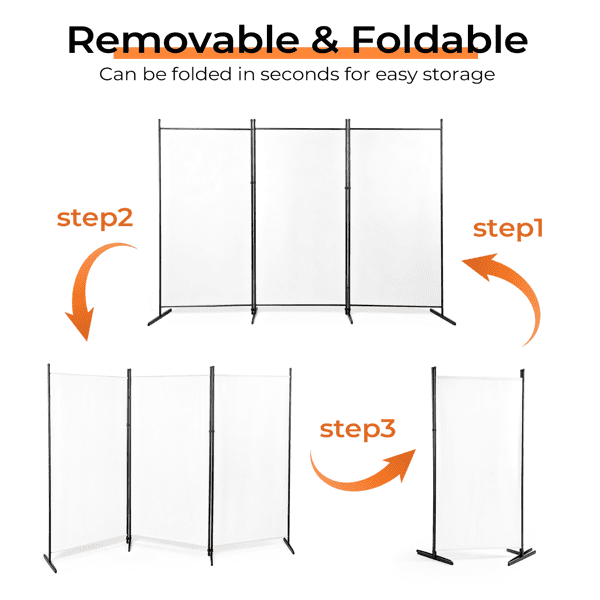 3-Fold 6FT Foldable Screen, 160g Plastic Feet Polyester Fabric Carbon Steel Frame Room Divider, Off-White