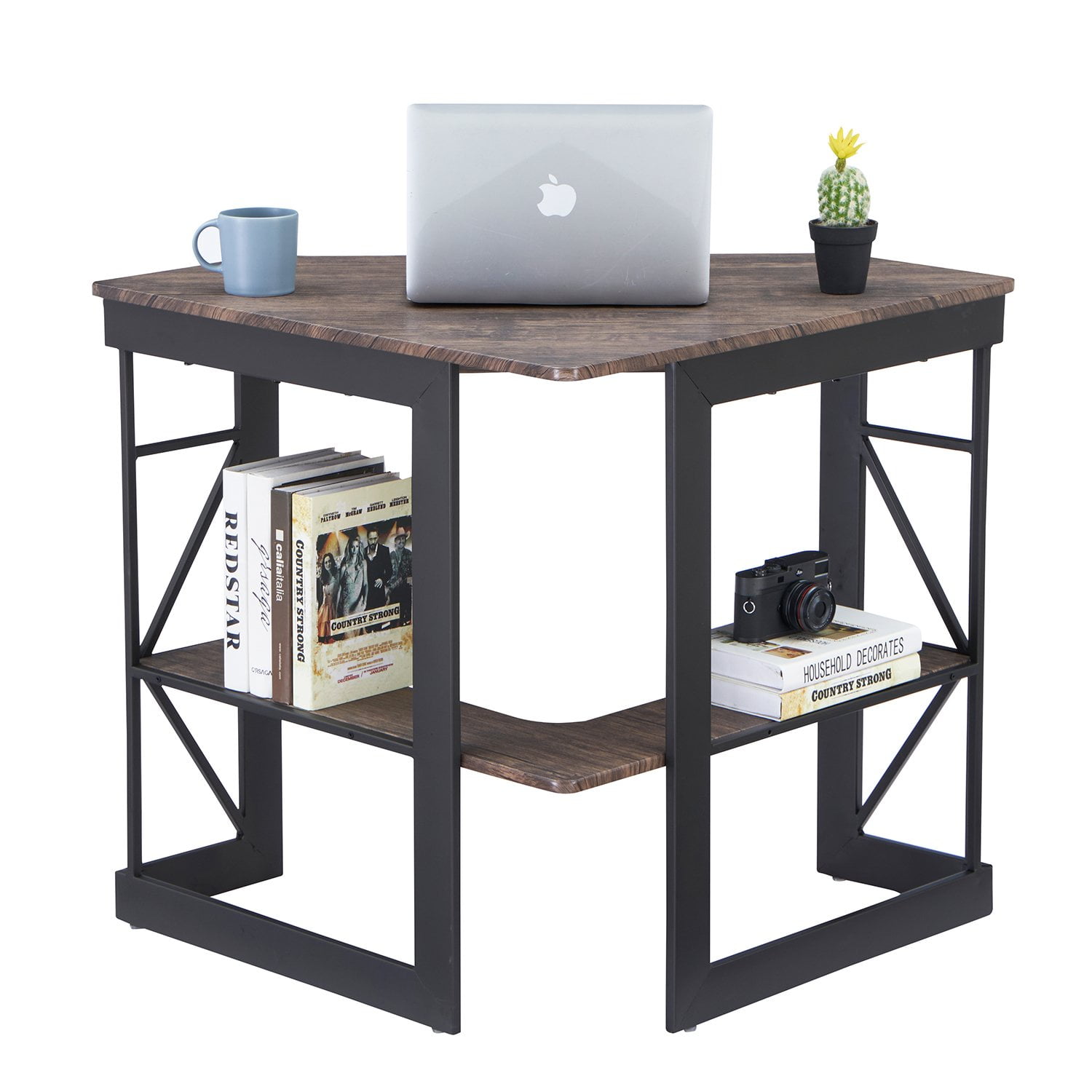 VECELO Corner Computer Desk with Keyboard Tray and Storage Shelf, Student Study Writting Table Workstation for College Dorm Apartment Home Office, Dark Brwon (90 Degrees)