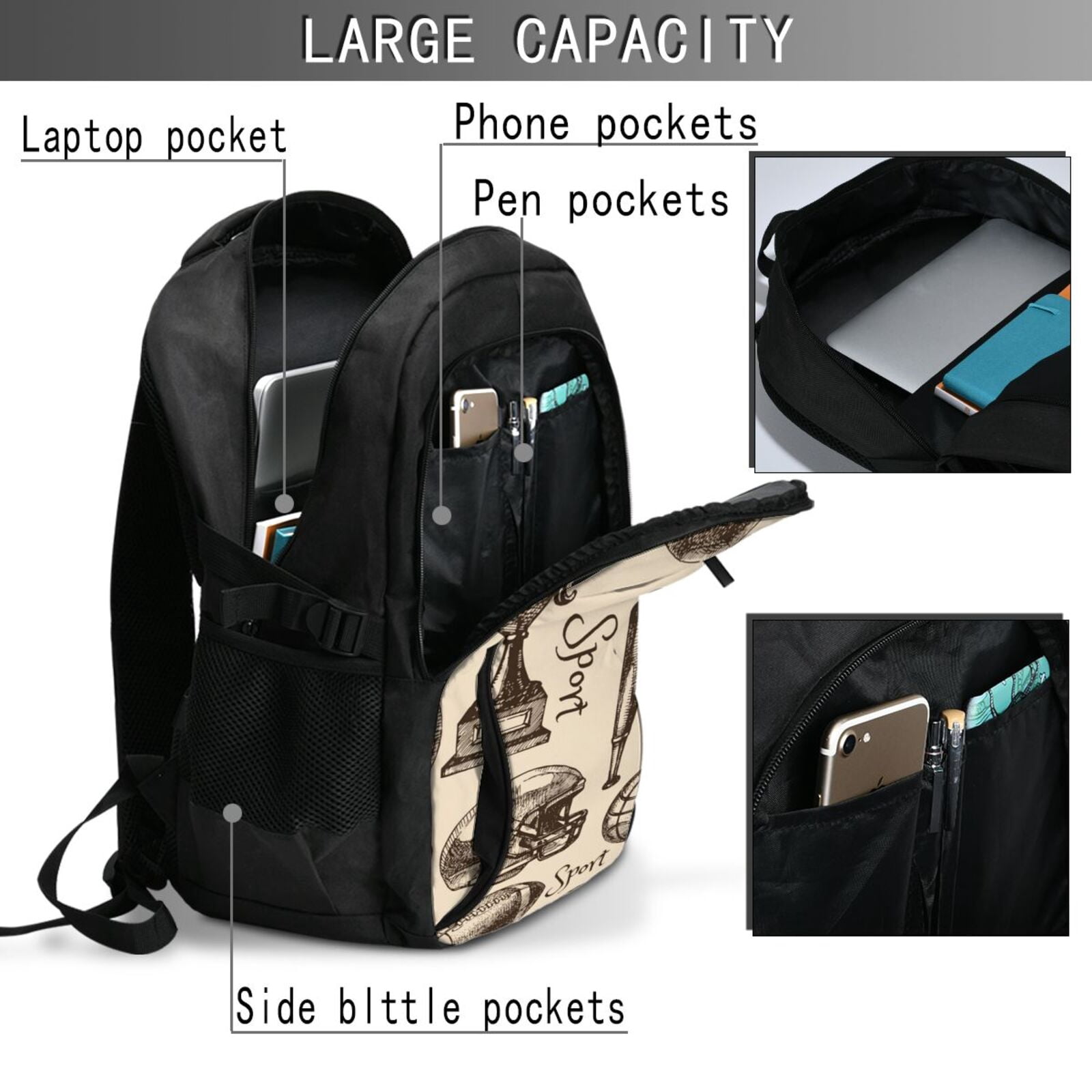 Sport Baseball Football Basketball Laptop Backpack with USB Charging Headphone Port Casual Daypack Bag College Business Travel