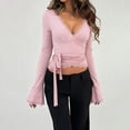 thumbnail image 2 of Tqyyweavej Womens Tie Side Wrap Tops Lace Long Flare Sleeve Crop Cardigan Yoga Ballet Deep V Neck Cover up Tops Pilates Outfits, 2 of 5