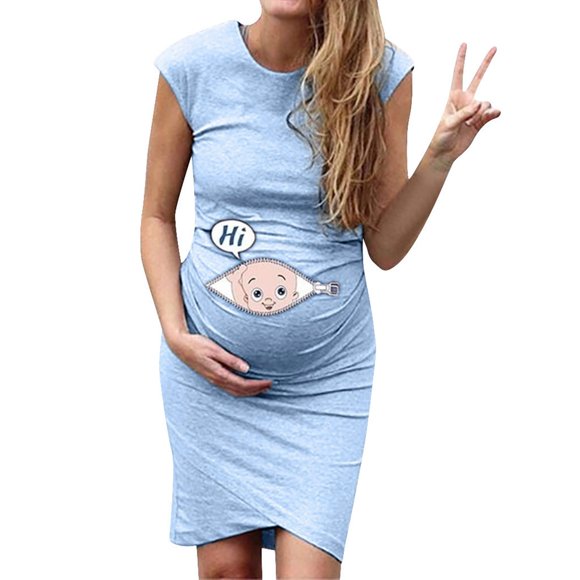 Pisexur Cute Baby Hi - Women's Maternity Bodycon Dress Pregnancy Clothes Side Ruch Crew Neck Cap Sleeve Dress for Baby Shower Daily (S-2XL)