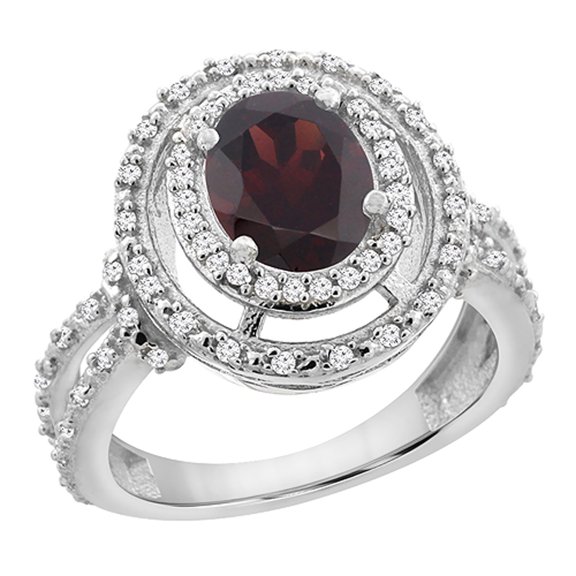 14K White Gold Natural Garnet Ring Oval 8x6 mm Double Halo Diamond, size 8