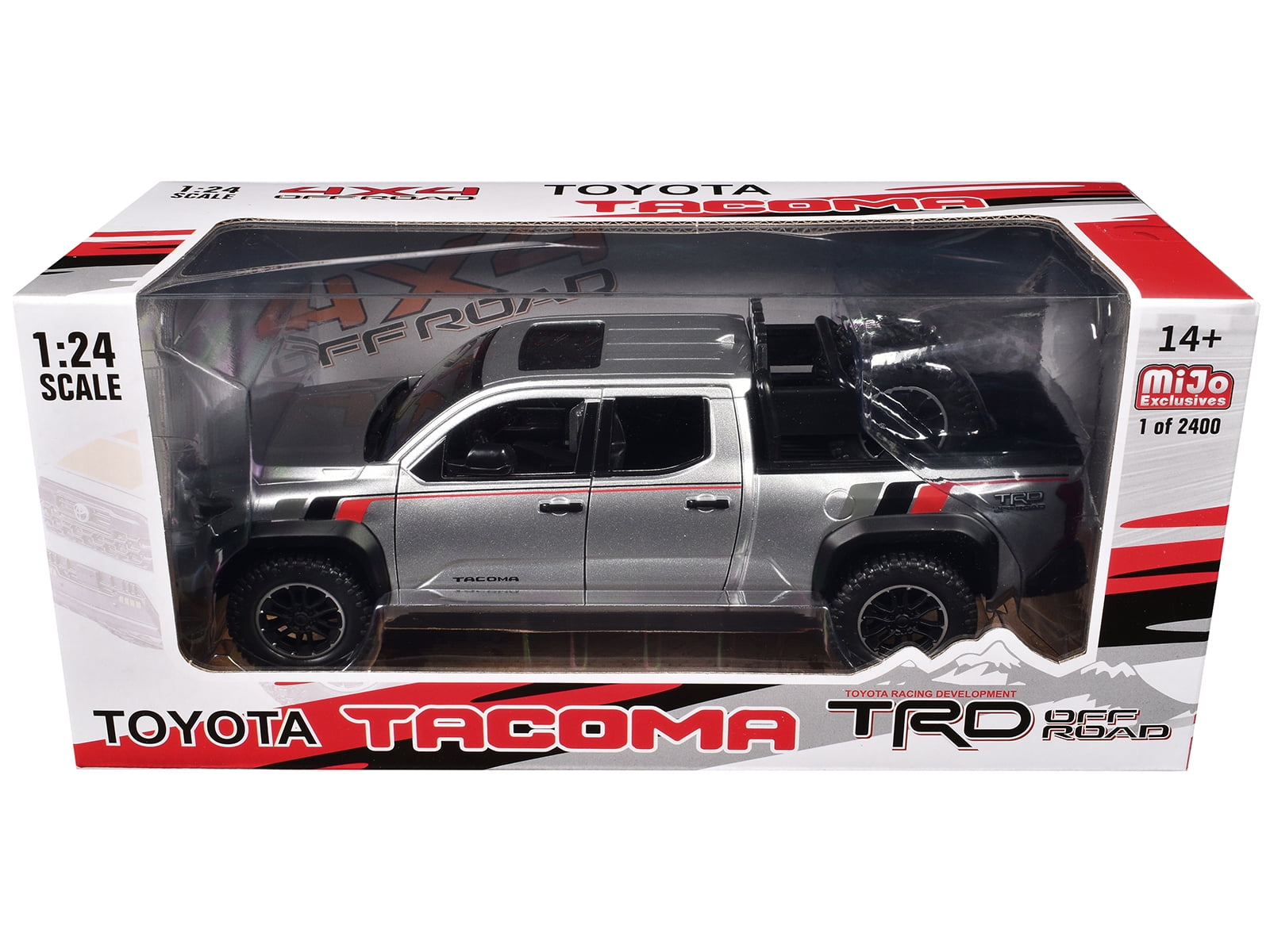 2024 Toyota Tacoma TRD Off Road Edition Truck Silver Metallic with TRD Stripes w/Sunroof and Wheel Rack 1/24 Diecast Model Car