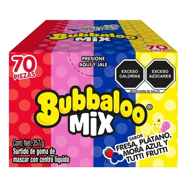 surtido de goma de mascar bubbaloo mix sabor fresa plátano mora azul y tutti frutti 357 g caja frontal con franjas rojas, rosa, azul y amarilla; logotipo grande "Bubbaloo Mix", marca Bubbaloo, indicador "70 piezas", advertencias "exceso calorías" y "exceso azúcares" y texto con sabores y peso neto 357 g. Vista frontal centrada del empaque.