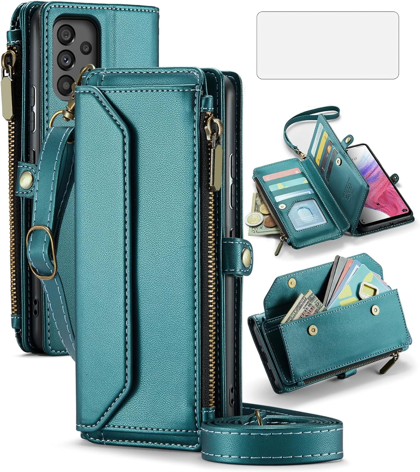 Phone Case for Samsung Galaxy A53 5G Zipper Wallet Cover with Tempered Glass Screen Protector and Leather Flip RFID Blocking Card Holder Cell A 53 G5 53A SM A536U 6.5" 2022 Women Girls Black