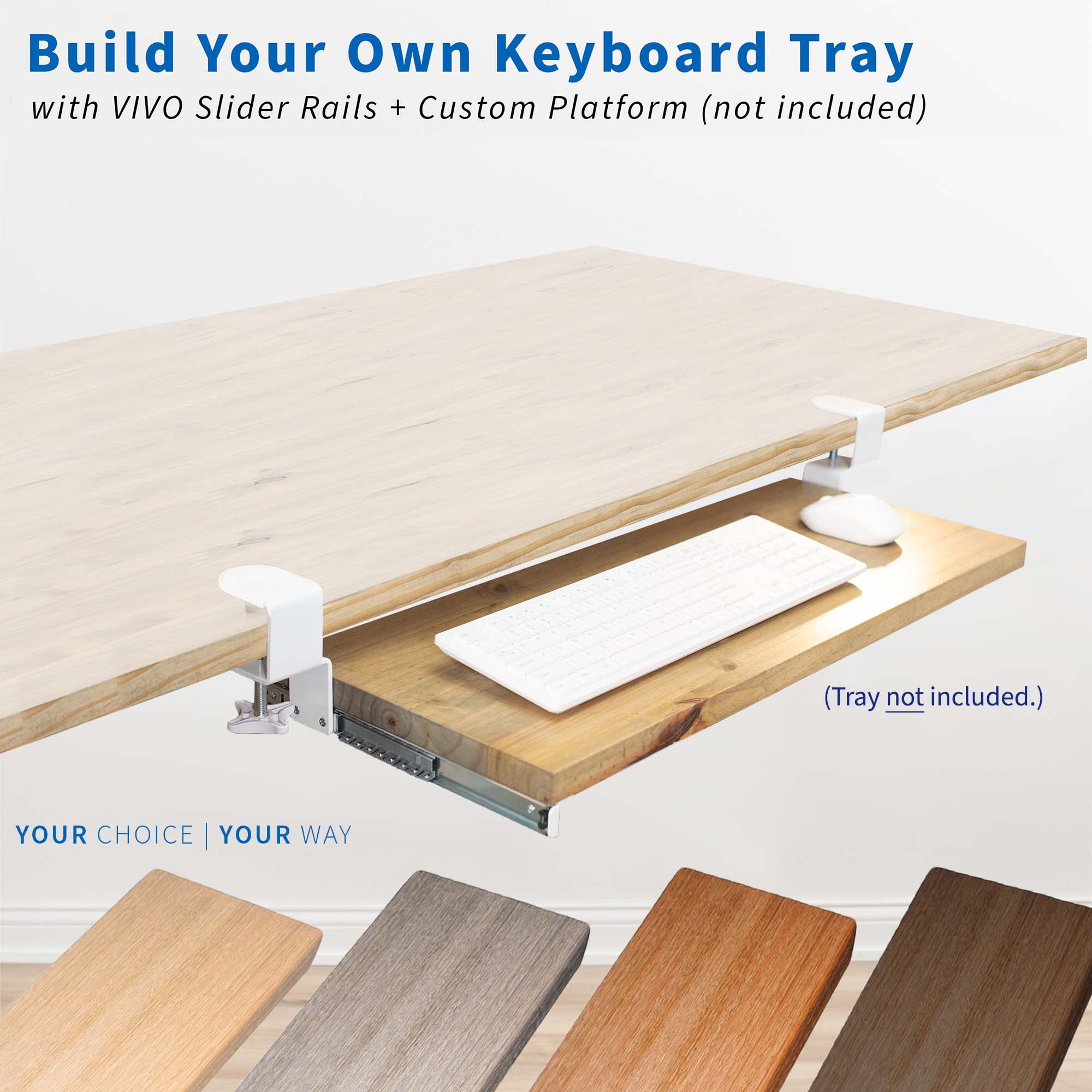 VIVO White Extra Sturdy Clamps & Rails for Custom Wood Keyboard Tray - Pack of 2