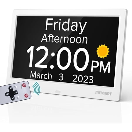 10.1 Inch Digital Alarm Clock with Date and Day of Week for Dementia Seniors, Clear Large Screen, Multiple Alarm Sets, Auto DST, Designed Specifically for Elderly - White