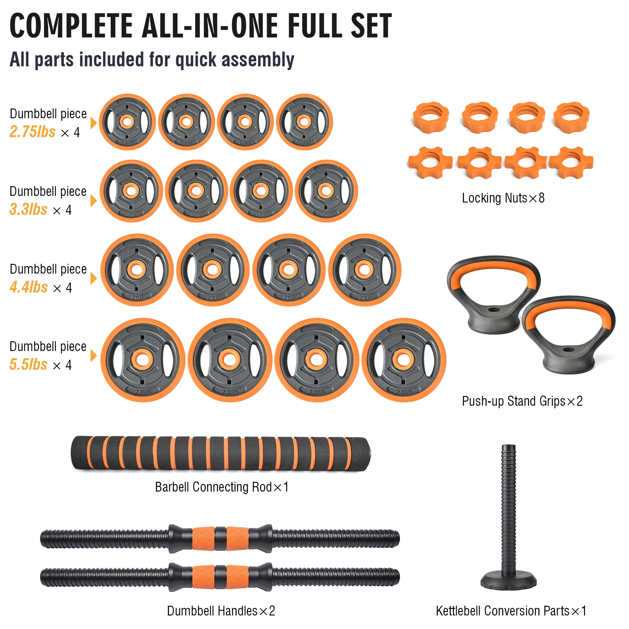 Leumius Adjustable Dumbbell Set,66LBS 4-in-1 Adjustable Weights Dumbbells, Barbell, Kettlebells with Anti-slip Silicone Grip,Weight Set for Home Gym Suit both Men and Women,Orange
