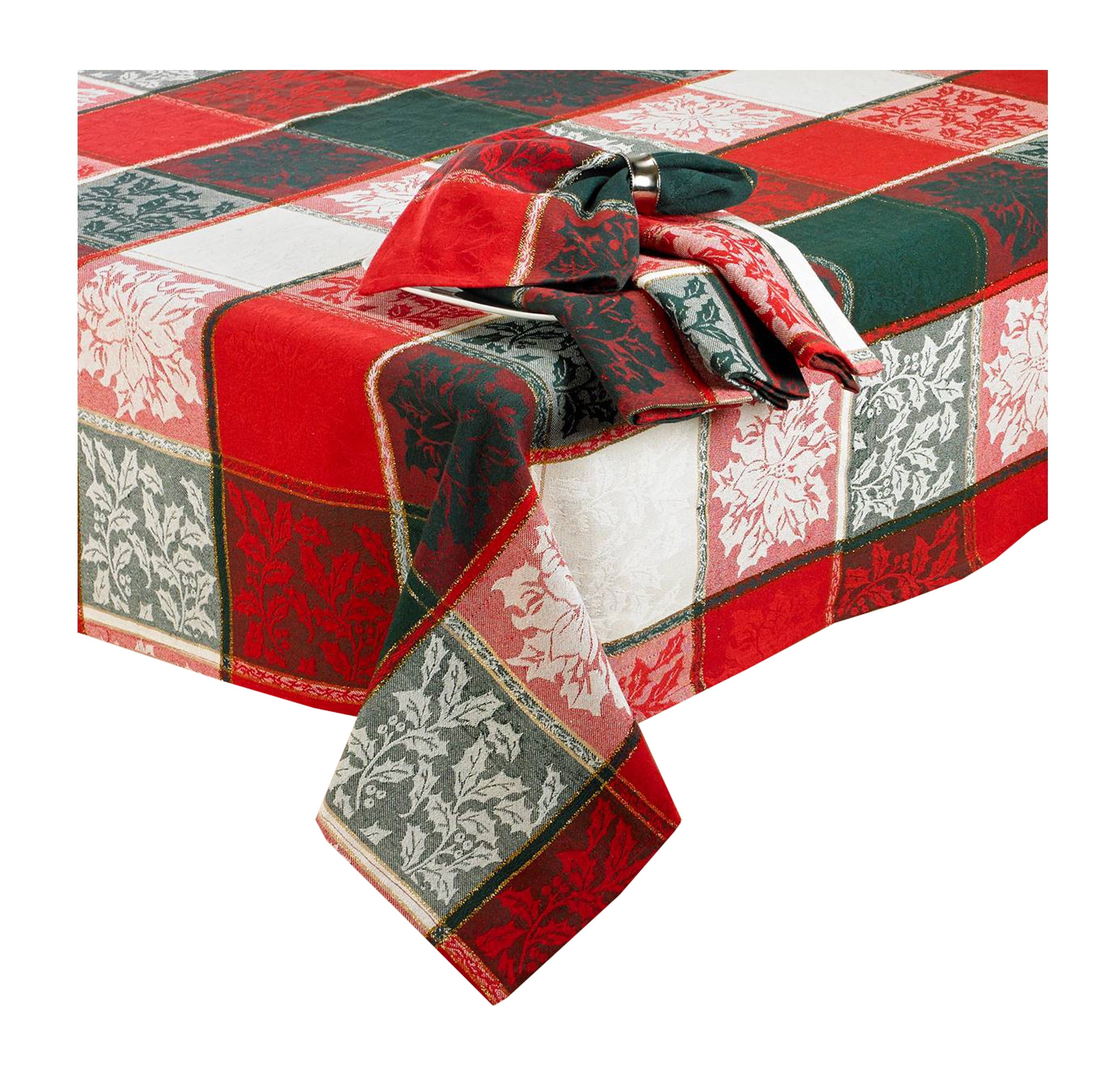 Christmas Tablecloth Woven Holly and Poinsettia in Red ...