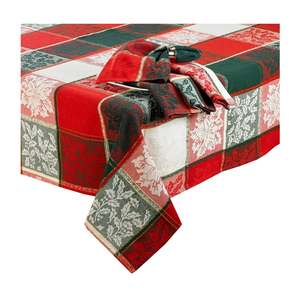 Christmas Tablecloth Woven Holly and Poinsettia in Red, Green and White