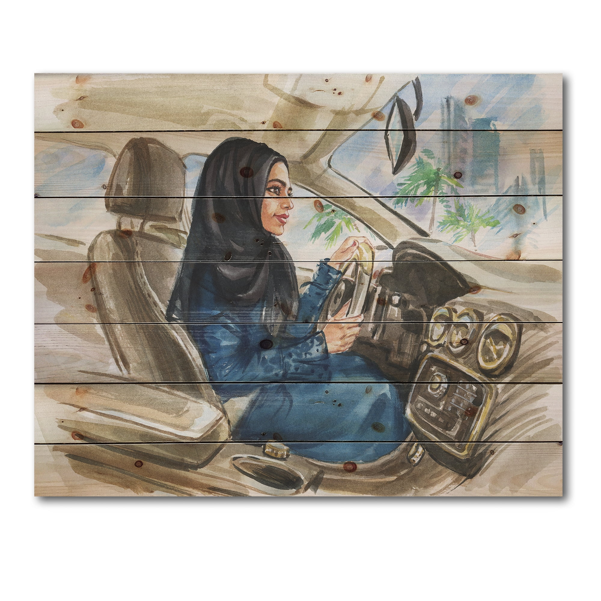 Designart 'Arabian Lady Driving A Car I' Modern Print on Natural Pine Wood