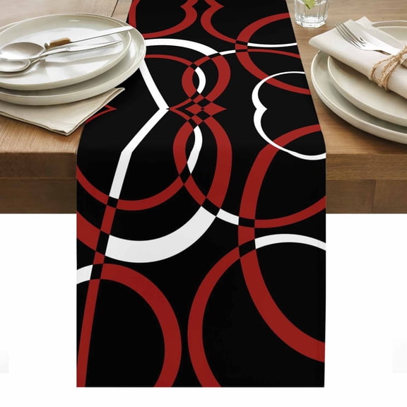 Red Geometric Table Runner - 48 Inch Long, Kitchen Dining Table Runner Dresser Scarves, Vintage Abstract Stripes Aesthetic Art Farmhouse Decor for Coffee Tables Wedding Party Banquet