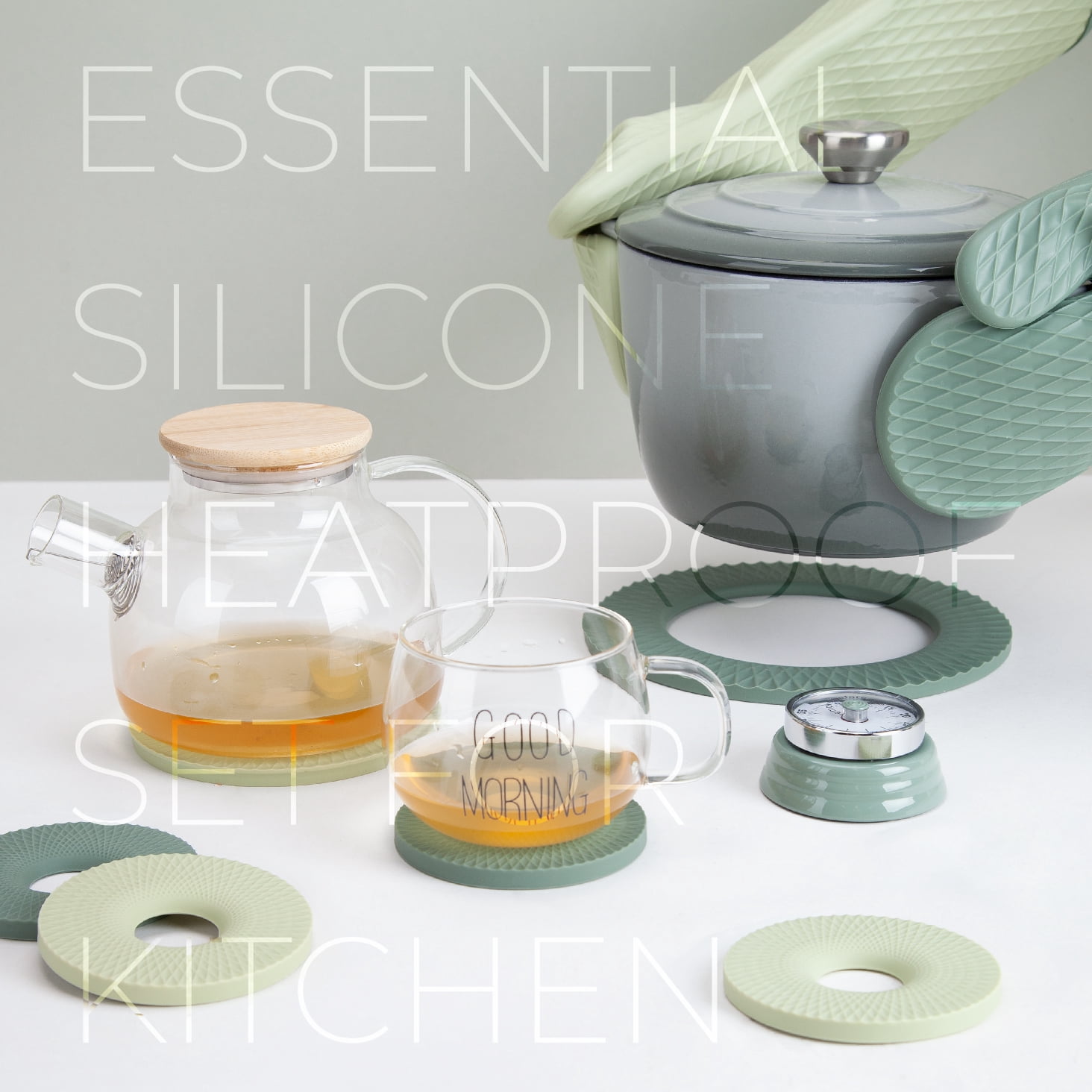 Grip Heat Resistant Silicone Oven Mitt and Trivet Set, Waterproof, Cotton Lined, BPA-Free - 8 Piece Kitchen Set mint color