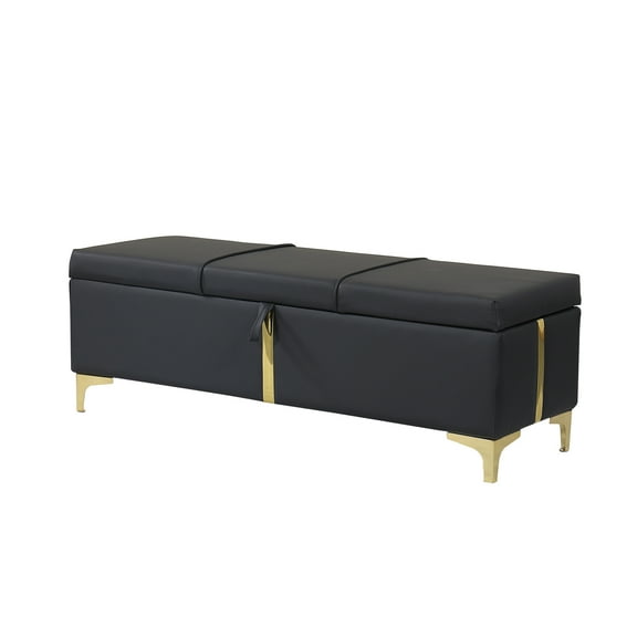 Knubmt Elegant Upholstered Storage Bench with Metal Legs, PU Leather Rectangle Storage Ottoman for Bedroom, Living Room, Black