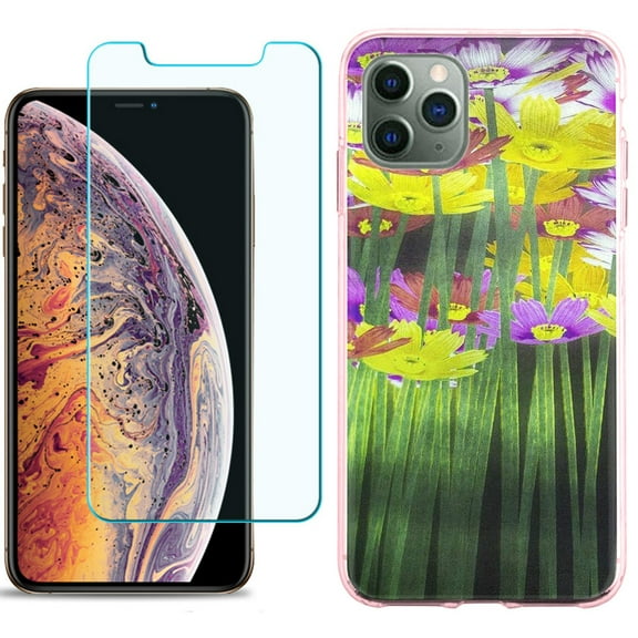 For Apple iPhone 11 PRO Case, Slim-Fit TPU Protective Phone Case (Pink Bezel) with Tempered Glass Screen Protector, by OneToughShield ® - Dream Flower