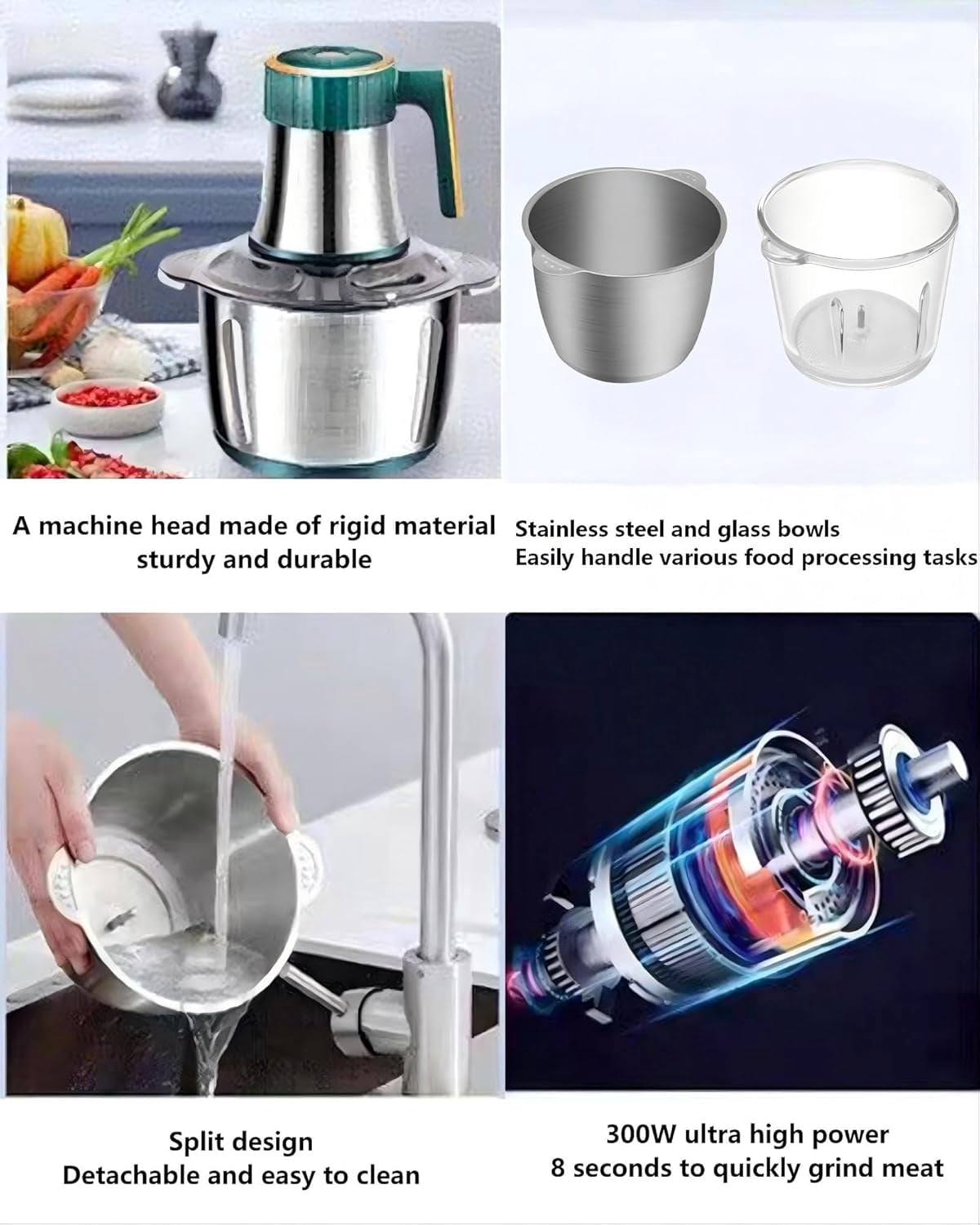 Food Processor with 300W Motor, 5-Speed Meat Grinder and Vegetable Chopper, 12-Cup Stainless Steel & Glass Bowls, Adjustable Speed Control for Dough Mixing and Slicing