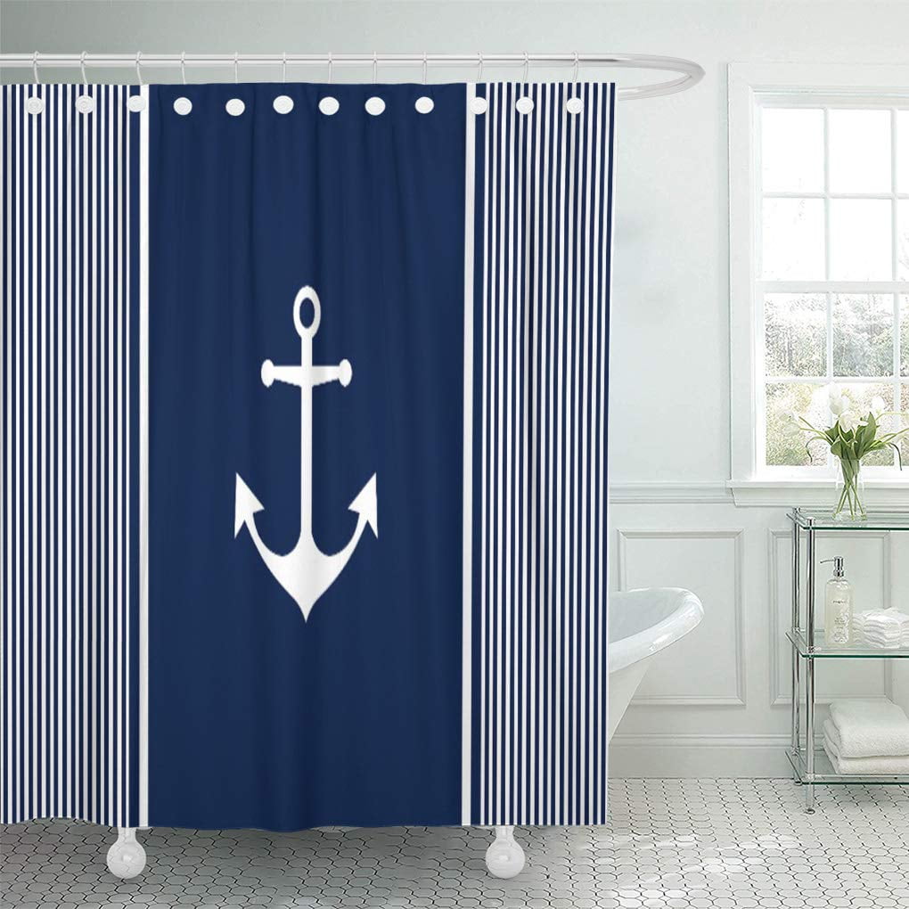 Deep Red Tan Blue Anchor Shower Curtain Nautical Summer Americana Stripes 70x70 