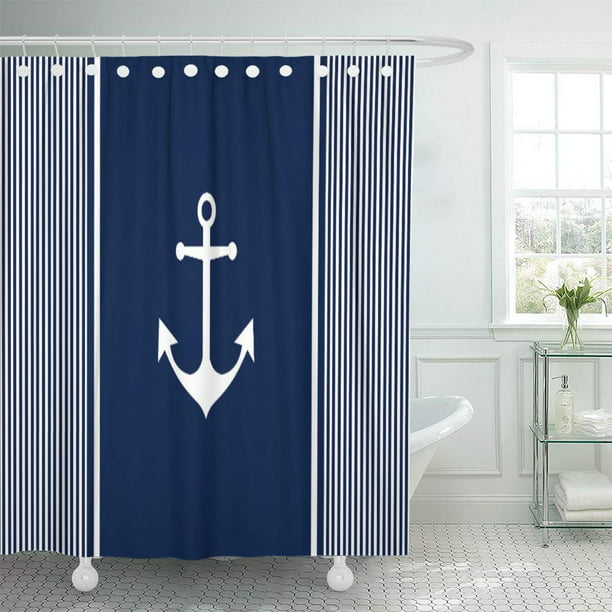 Cynlon White Blue Striped Nautical, Nautical Striped Shower Curtains