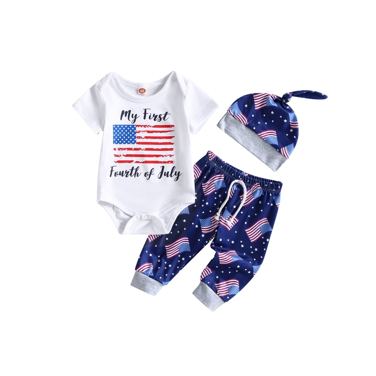 My First 4th Of July Baby Boy Outfit - 3 Piece Set With Romper, Overalls & Hat