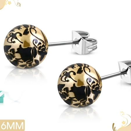 - 6mm Vintage Flower Gold Paint Acrylic Ball with Stainless Steel Stud Earrings Pair