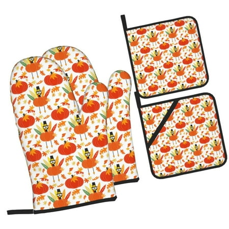 

Zeuib Happy Thanksgiving Day1 Oven Mitts and Potholders BBQ Gloves Kitchen Oven Glove High Heat Resistant 500 Degree Extra Long Oven Mitts and Potholder with Non-Slip Silicone Surface for Cooking