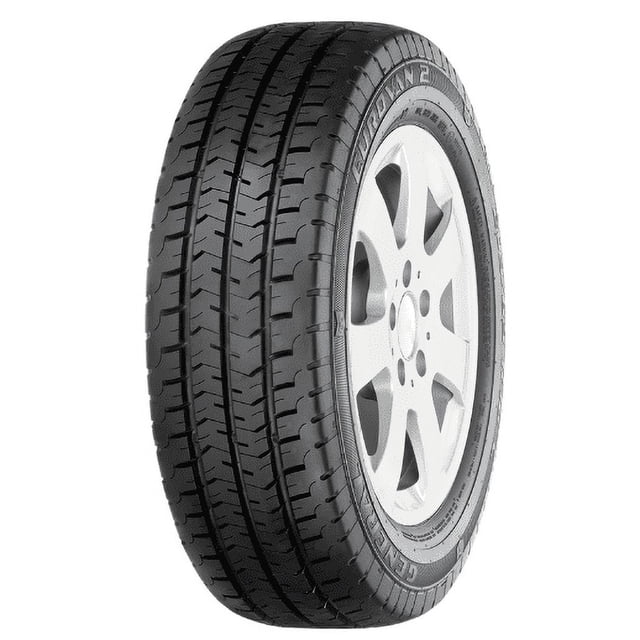 llanta 195r15c 106/104r general tire eurovan 2 8pr vista 3/4 frontal de llanta EUROVAN 2 195R15C 106/104R con dibujo de banda de rodamiento de cuatro canales longitudinales y bloques, flanco con texto de marca y especificaciones, montada en rin plateado; adecuada para furgonetas y vehículos comerciales ligeros.