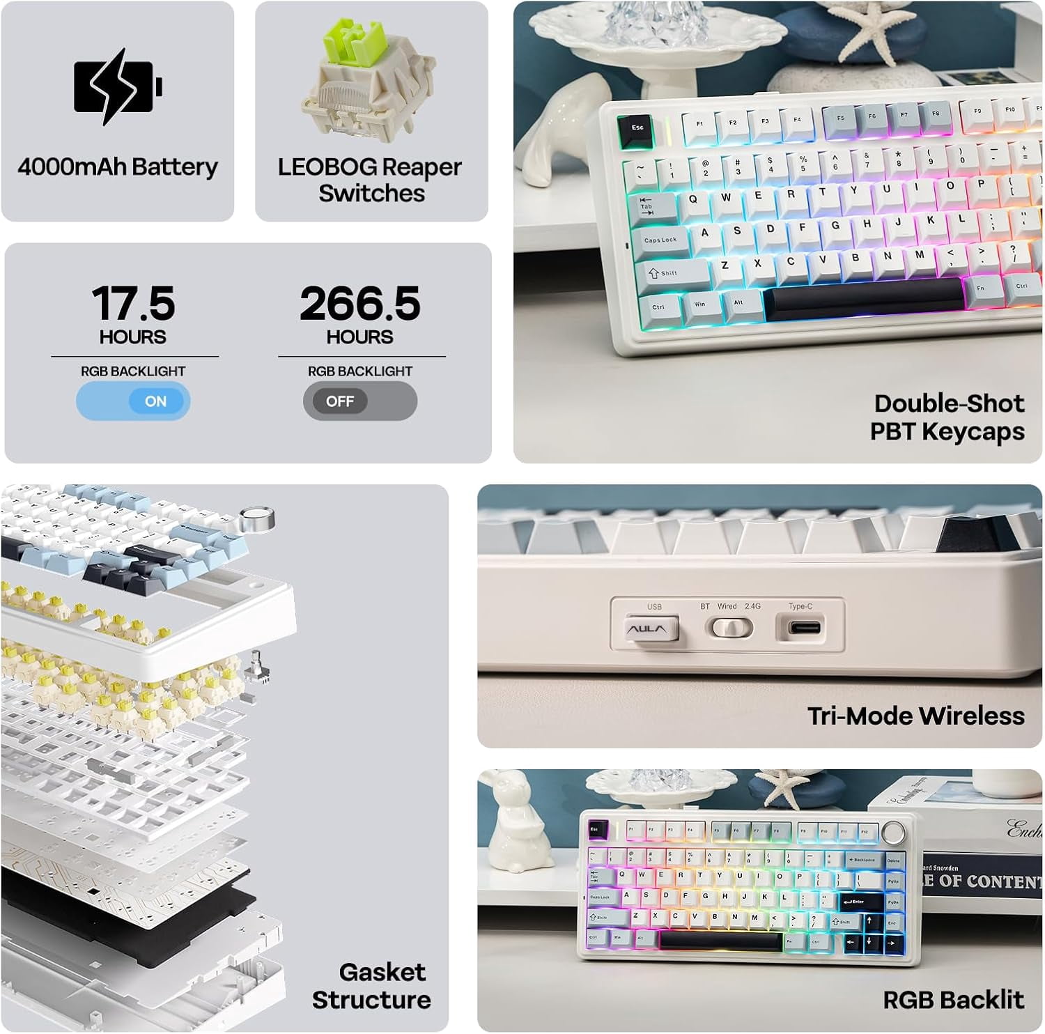 AULA F75 81-Key Wireless Mechanical Gaming Keyboard, RGB Illuminated, Tri-Mode, Hot-Swappable, Knob, Compact 75%, Anti-Ghosting, USB-A, Light Blue
