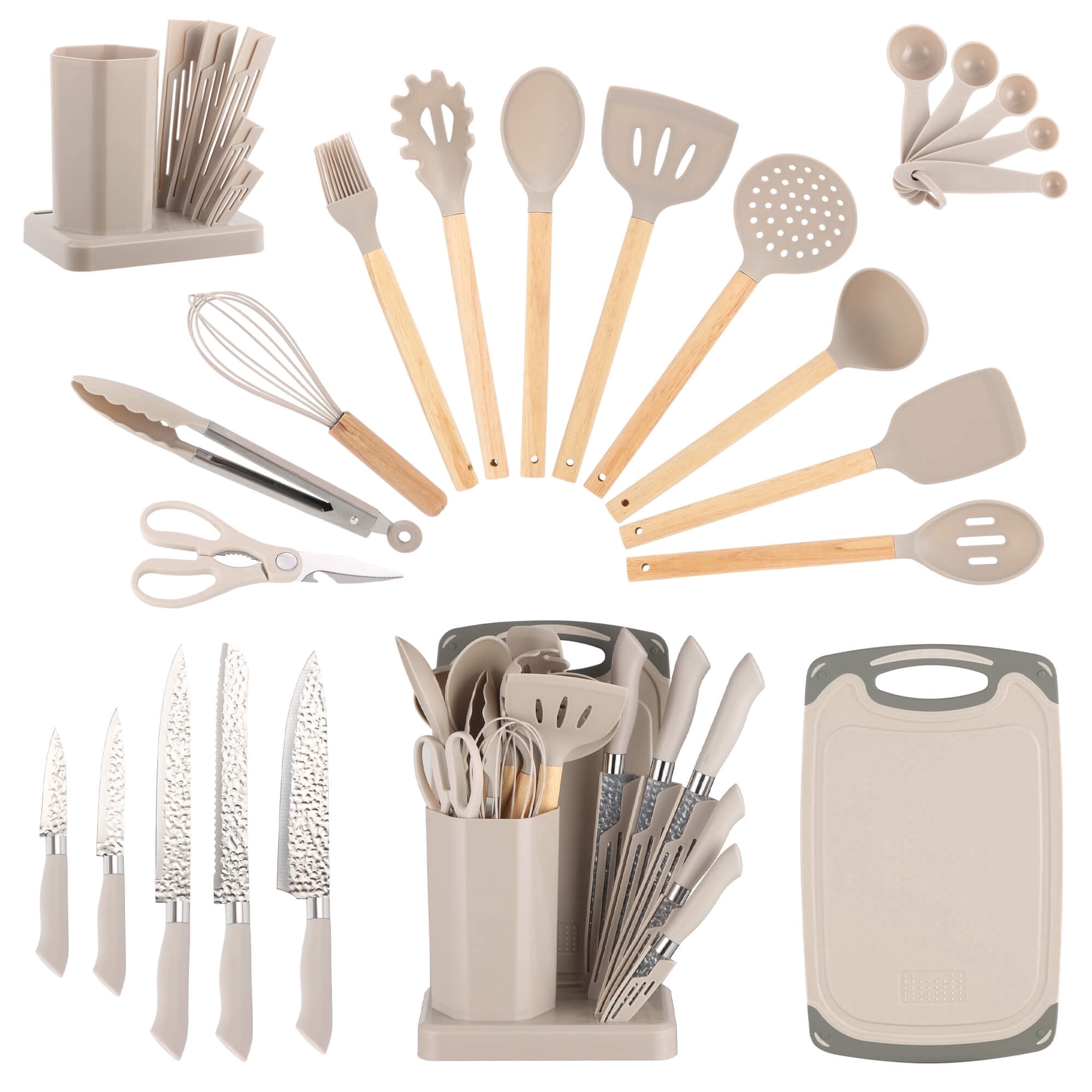 HEESEM 23 PCS Silicone Utensils Kitchenware Set with Removable Knife Cover, Non-Stick Heat Resistan Tools-Khaki