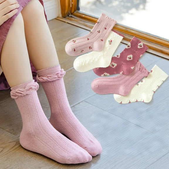 Eltusu Girls Cotton Socks, Casual 5 Pieces Mid-Calf Breathable Spring Fall Socks Pink Size 9-12 T