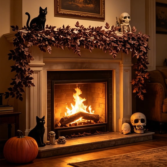 Dense Fall Red Maple & Trumpet Vine Garland, Black Spooky Halloween Foliage Strand, Summer Pre-Holiday Decor for Porch, Staircase, Fireplace, Wall & House Atmosphere Decoration, Black