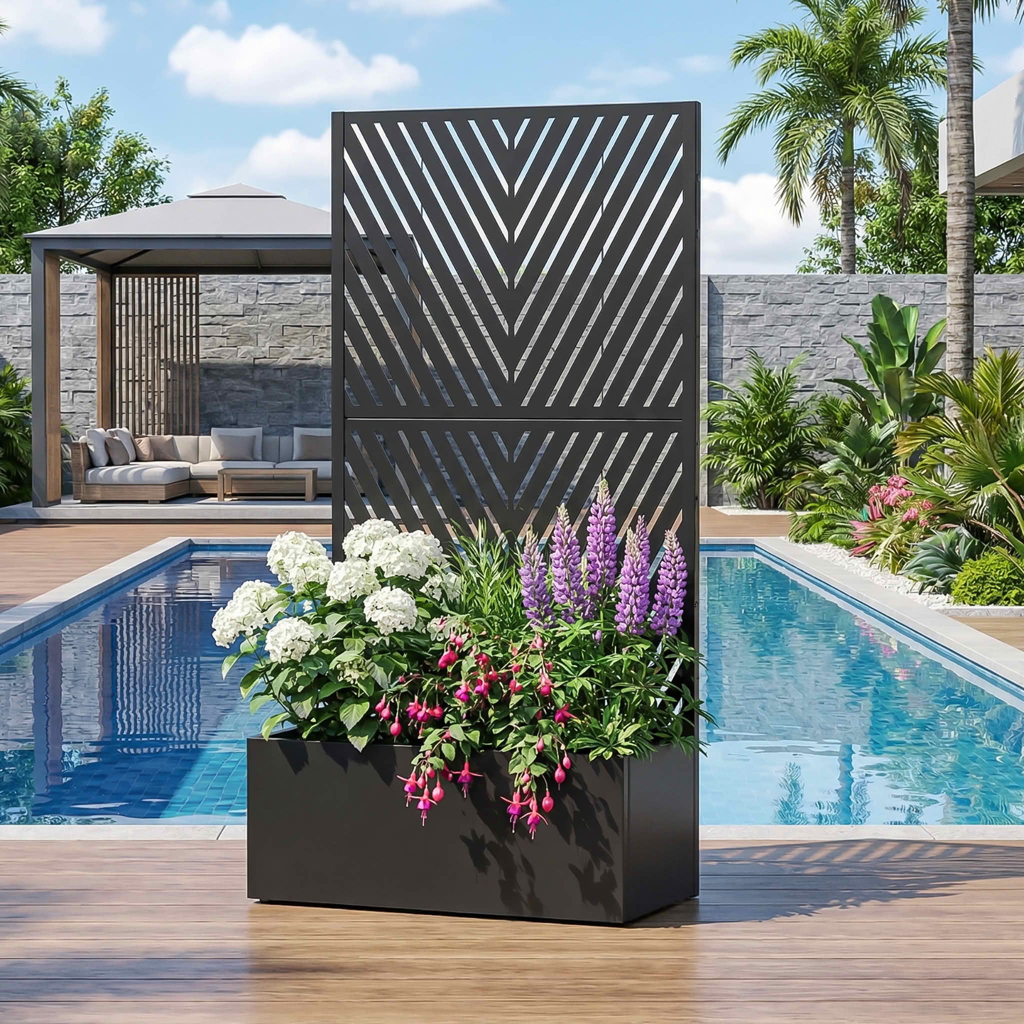 MAYEERTY 59X30" Metal Outdoor Black Privacy Screen with Planter Box for Backyard & Garden, 2 Piece Set