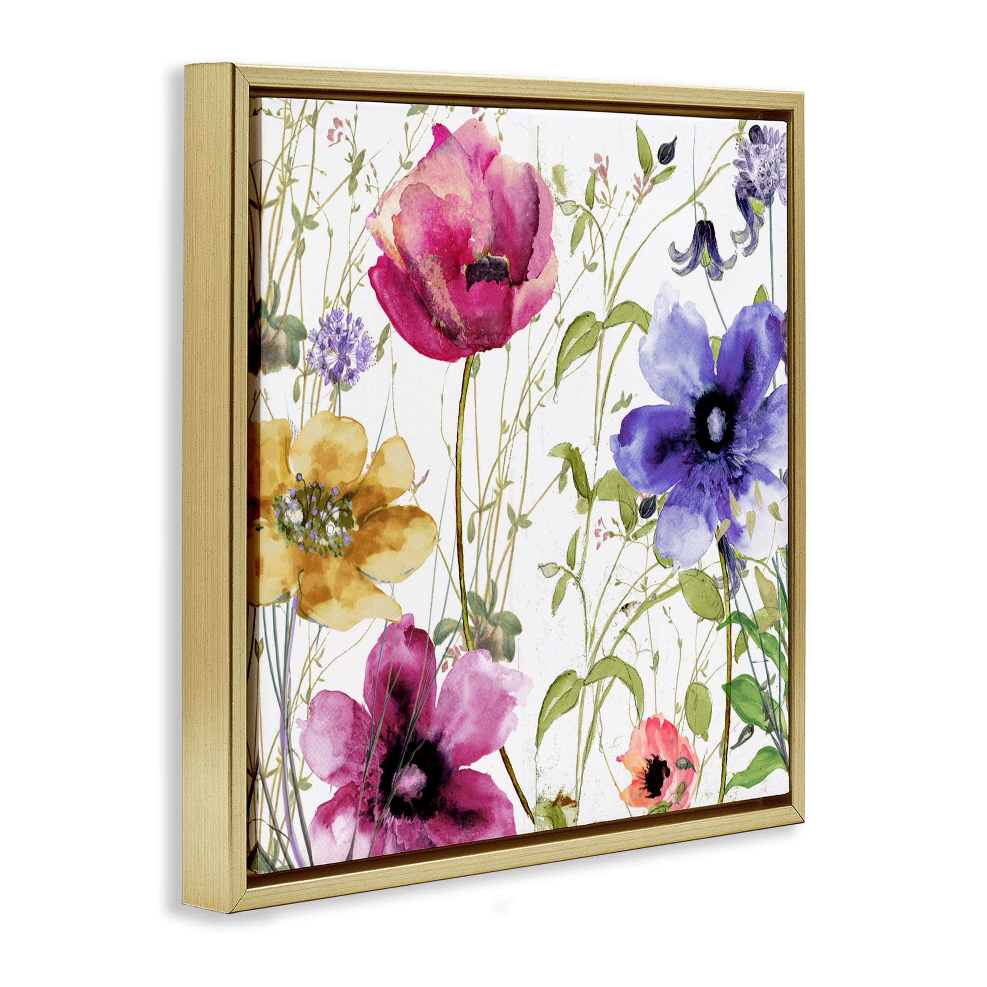 Botanical Spring Garden Blooms Gold Framed Floater Canvas Wall Art, design by Sasha