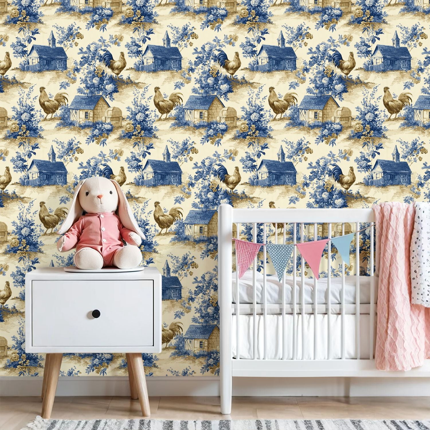 Peel and Stick Wallpaper 23.6in x 9.8ft Farmhouse Toile Roosters Cottages Blue Floral Motifs Contact Paper Vinyl Self-Adhesive Removable Wall Paper for Bedroom Kitchen Cabinet Renter Friendly