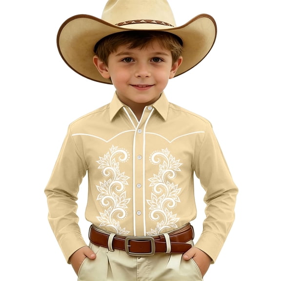 Kiijoy Boys Long Sleeve Western Shirt Vintage Cowboy Button Down Shirt Top, Sizes 4-11