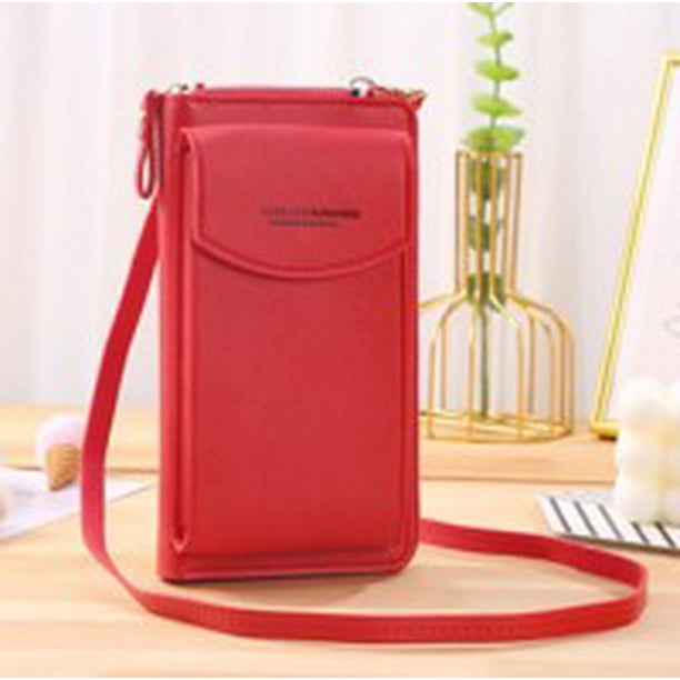 Women Purse Zipper Wallet Multifunctional Banquet Girls Camping Money Card Holder PU Leather Handbag Mobile Phone Storage Bag Birthday Gift Red