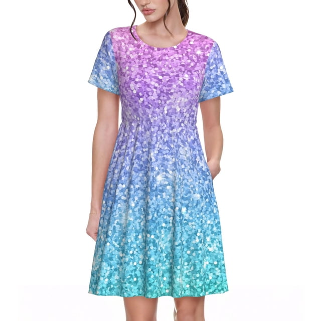 Fotbe Multicolor Glitter Vestido Largo de Moda para Mujer, Vestido Tipo Camiseta con Manga Corta y Estilo Casual a Rayas y Bloques de Color
