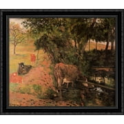 Landscape with cows in an Orchard 34x28 Large Black Ornate Wood Framed Canvas Art by Paul Gauguin