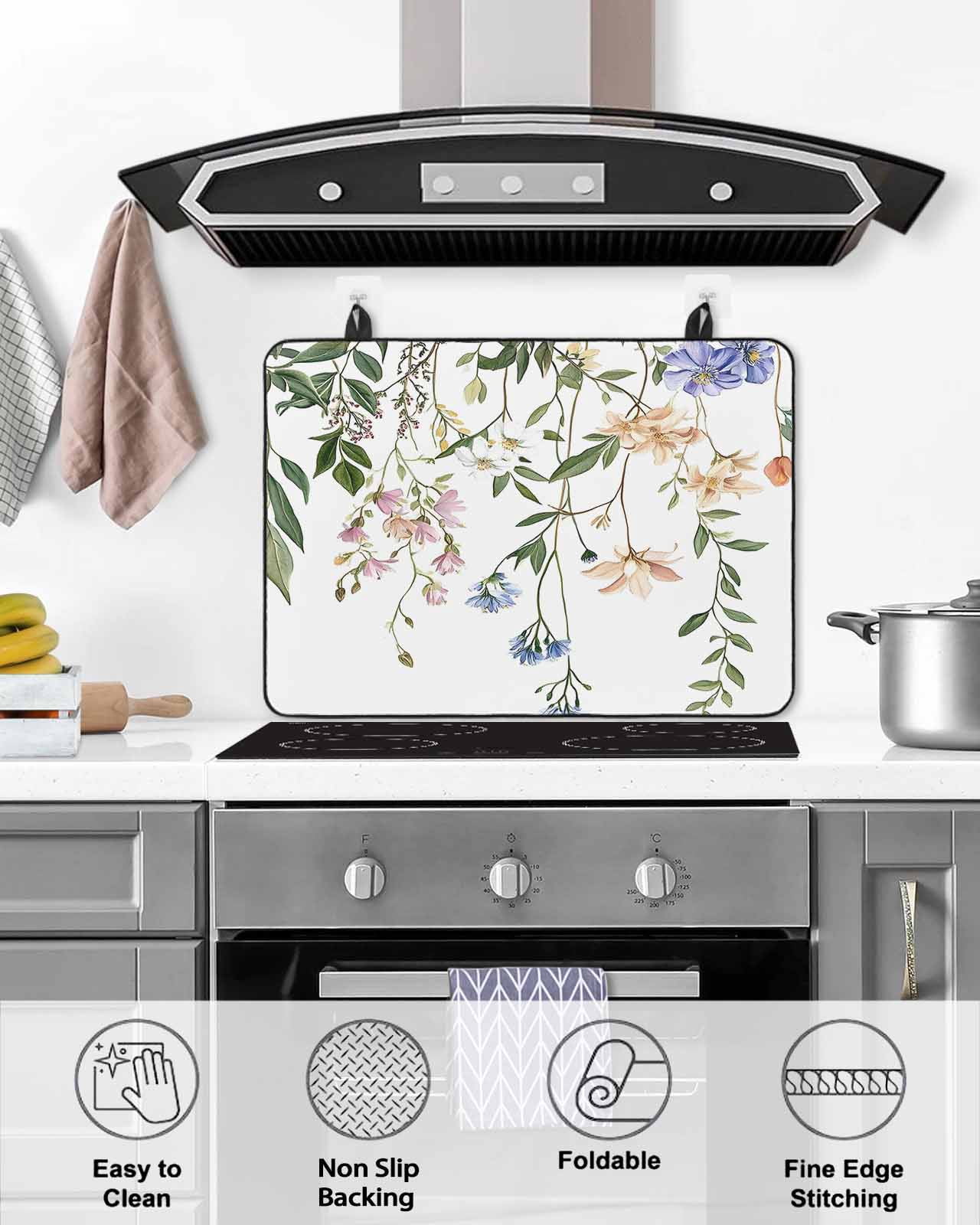 nqOlkjepod Large Induction Cooktop Protector Mat 31"x24", Spring Floral Leaves Stove Top Covers for Electric Stove, Vintage Flowers Farmhouse Stove Burner Cover Mats, Glass Top Stove Cover