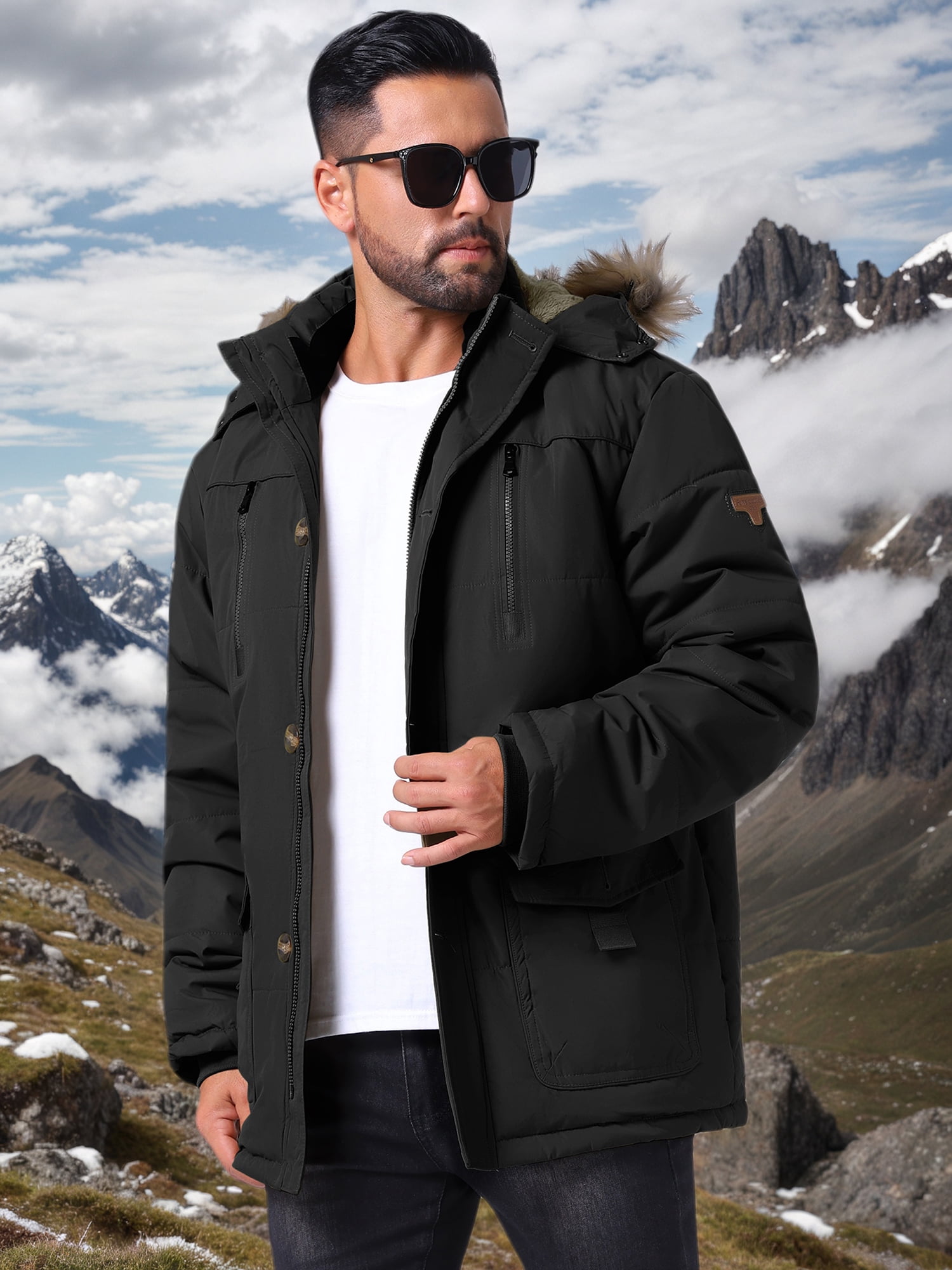 DARING DIVA Men's Winter Warm Coat Fleece Lined Thicken Hooded Parka Jacket L Black