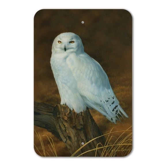 Snowy Arctic Owl on Tree Stump Home Business Office Sign - Plastic - 6" x 9" (15.3cm x 22.9cm)