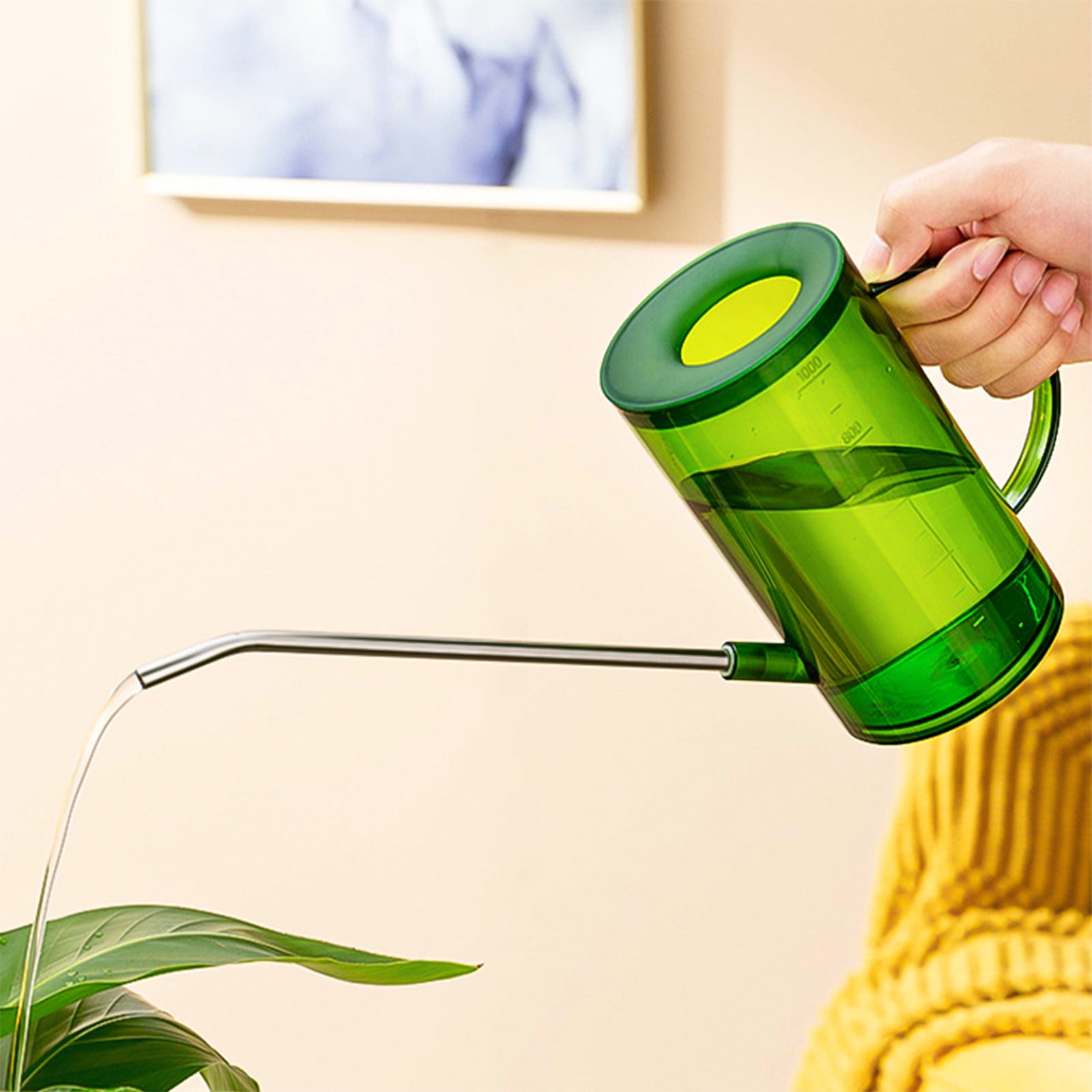 JoyHoop Durable 1000ml Watering Can with Long Spout, Transparent Plastic for Indoor Plants and Gardening, Easy to Clean, Green, 1-Pack