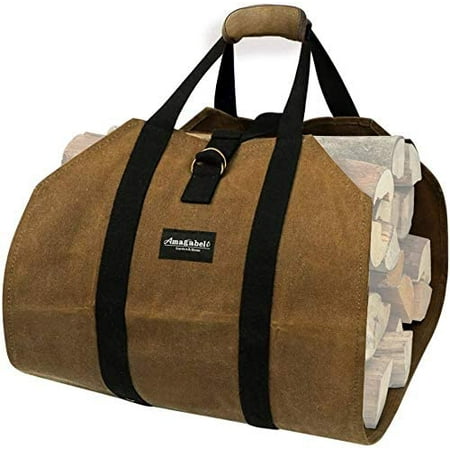 Fireplace Carrier Waxed Firewood Canvas Log Carrier Tote Bag Outdoor Log Tote Large Wood Carrying Bag with Handles Security Strap Camping Indoor Firewood Log Holder Brown BG002