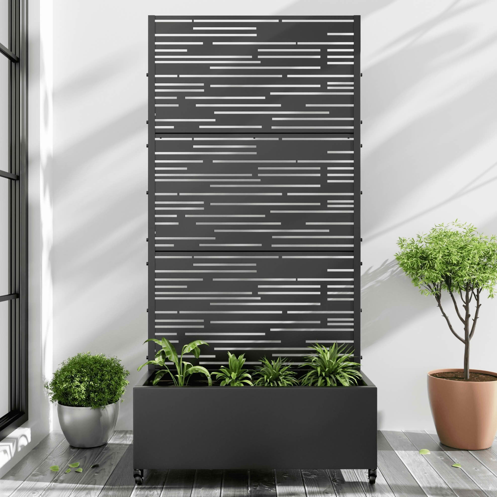 MAYEERTY 72x35x16 Inch Black Metal Planter Box with Trellis for Outdoor Garden & Patio