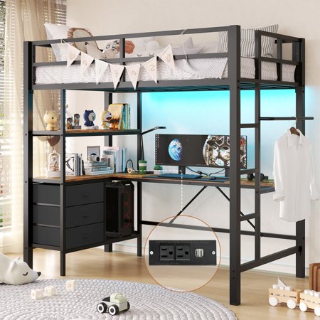 Metal Twin Size Loft Bed Frame with L-Shaped Desk and Charging Station, Black Frame