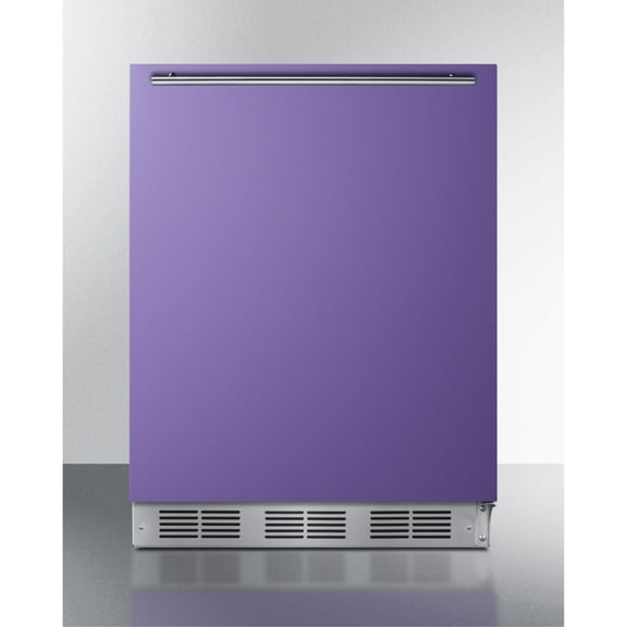 Undercounter 24" all-refrigerator for residential use with lavender purple door, stainless steel handle, and black cabinet