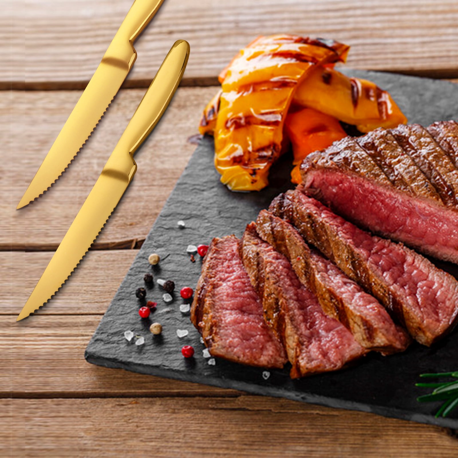 Buyer Star Gold Steak Knives Set of 6, Stainless Steel Serrated Kitchen Knife Set, Heavy Duty Dinner Knives for Cutting Meat, Beef, 8.6 Inch, Dishwasher Safe